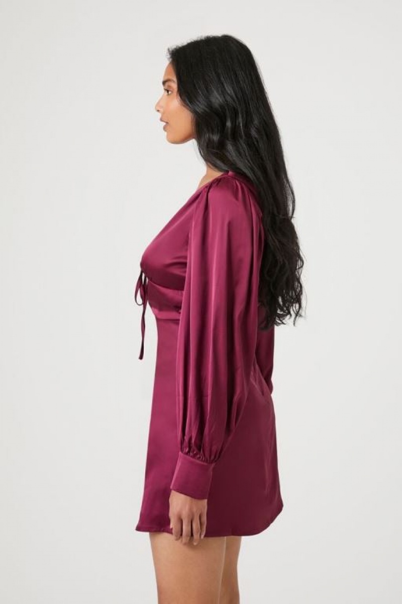 Vestido Forever 21 Plunging Satin Tie Front Mini Mujer Burdeos | pmx9PWUKSeu