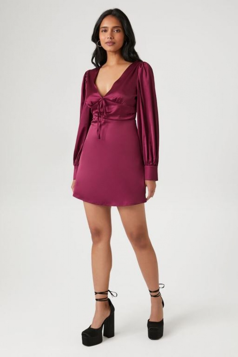 Vestido Forever 21 Plunging Satin Tie Front Mini Mujer Burdeos | pmx9PWUKSeu