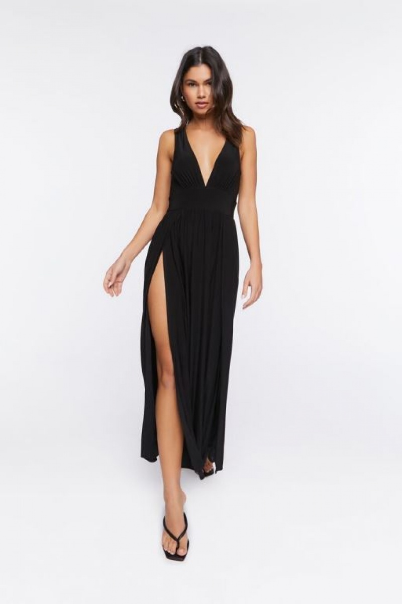 Vestido Forever 21 Plunging Slit Maxi Mujer Negras | g5D1fPzOK8r