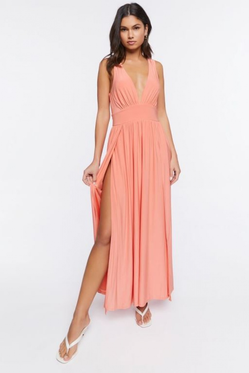 Vestido Forever 21 Plunging Slit Maxi Mujer Coral | l2rrEx5pwou