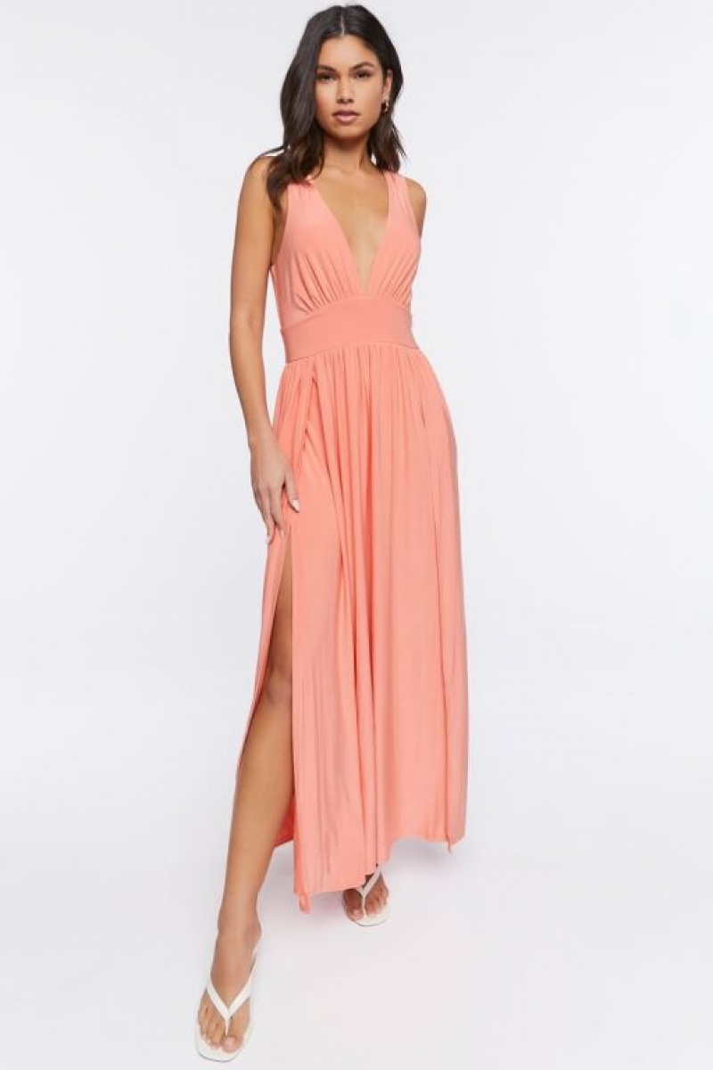 Vestido Forever 21 Plunging Slit Maxi Mujer Coral | l2rrEx5pwou