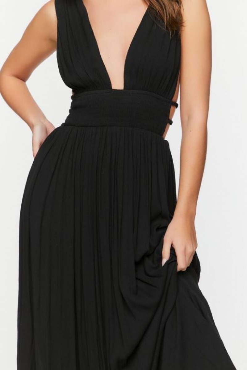 Vestido Forever 21 Plunging Smocked Maxi Mujer Negras | ebCMDl50o4S