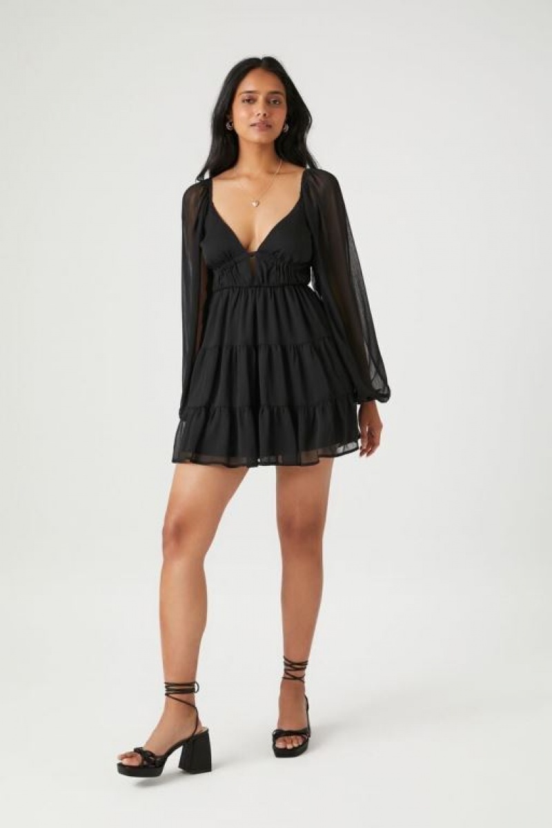 Vestido Forever 21 Plunging Tiered Babydoll Mujer Negras | lJpgzWVadgU