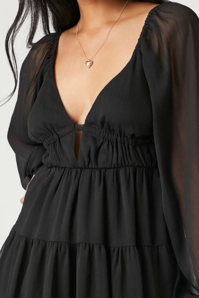 Vestido Forever 21 Plunging Tiered Babydoll Mujer Negras | lJpgzWVadgU