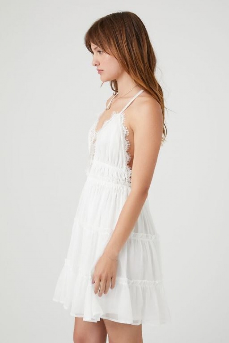 Vestido Forever 21 Plunging Tiered Tie Back Mini Mujer Blancas | PqPw90QgLXa