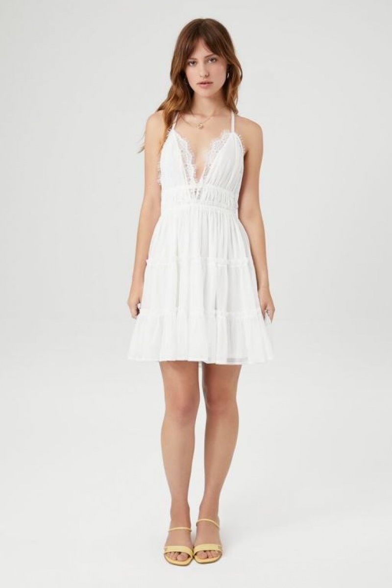 Vestido Forever 21 Plunging Tiered Tie Back Mini Mujer Blancas | PqPw90QgLXa