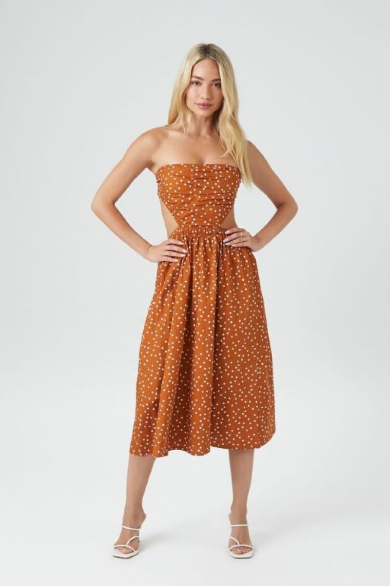 Vestido Forever 21 Polka Dot Cutout Midi Mujer Marrones Blancas | S3XrTJ5720C