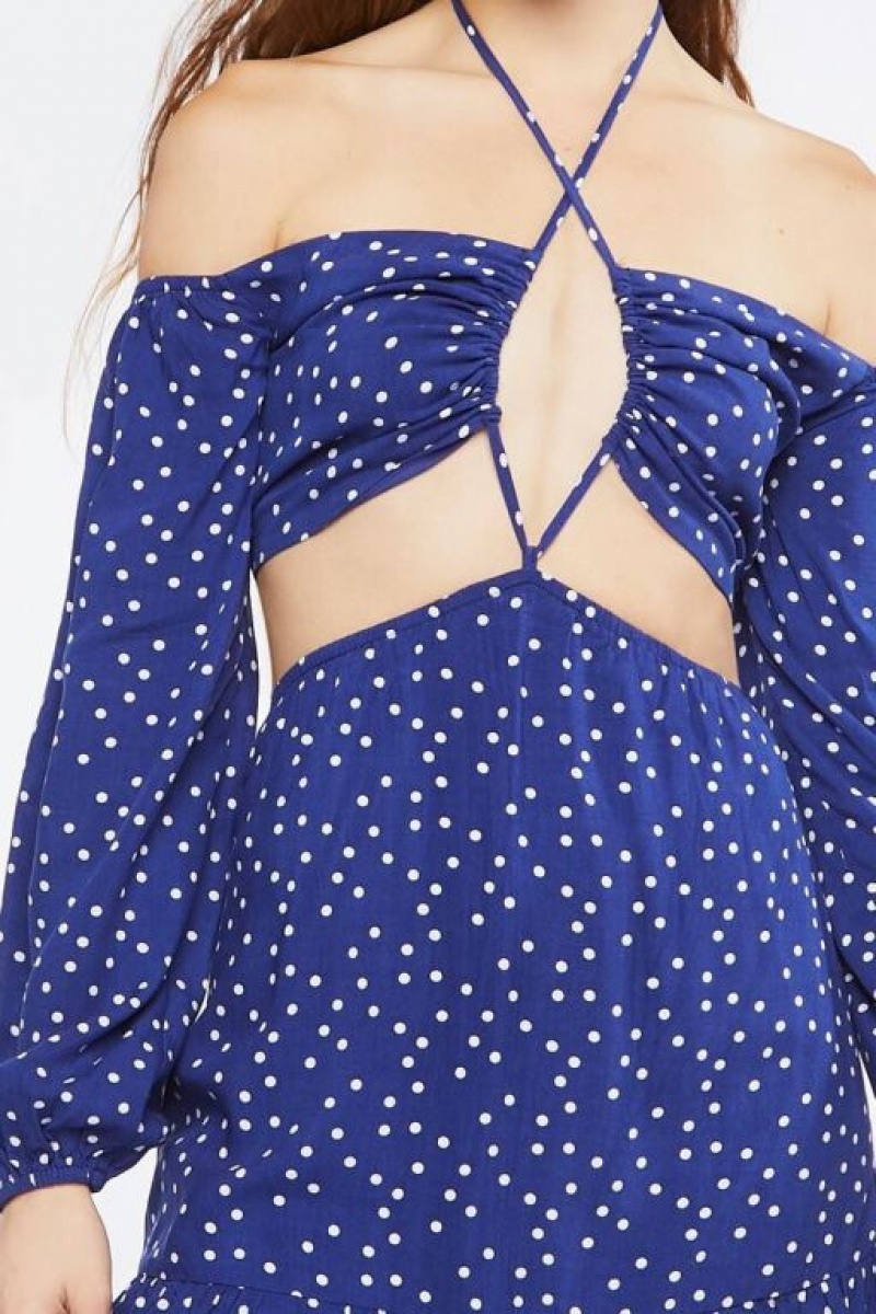 Vestido Forever 21 Polka Dot Cutout Mini Mujer Azul Marino Blancas | HQF0CTOdPcg