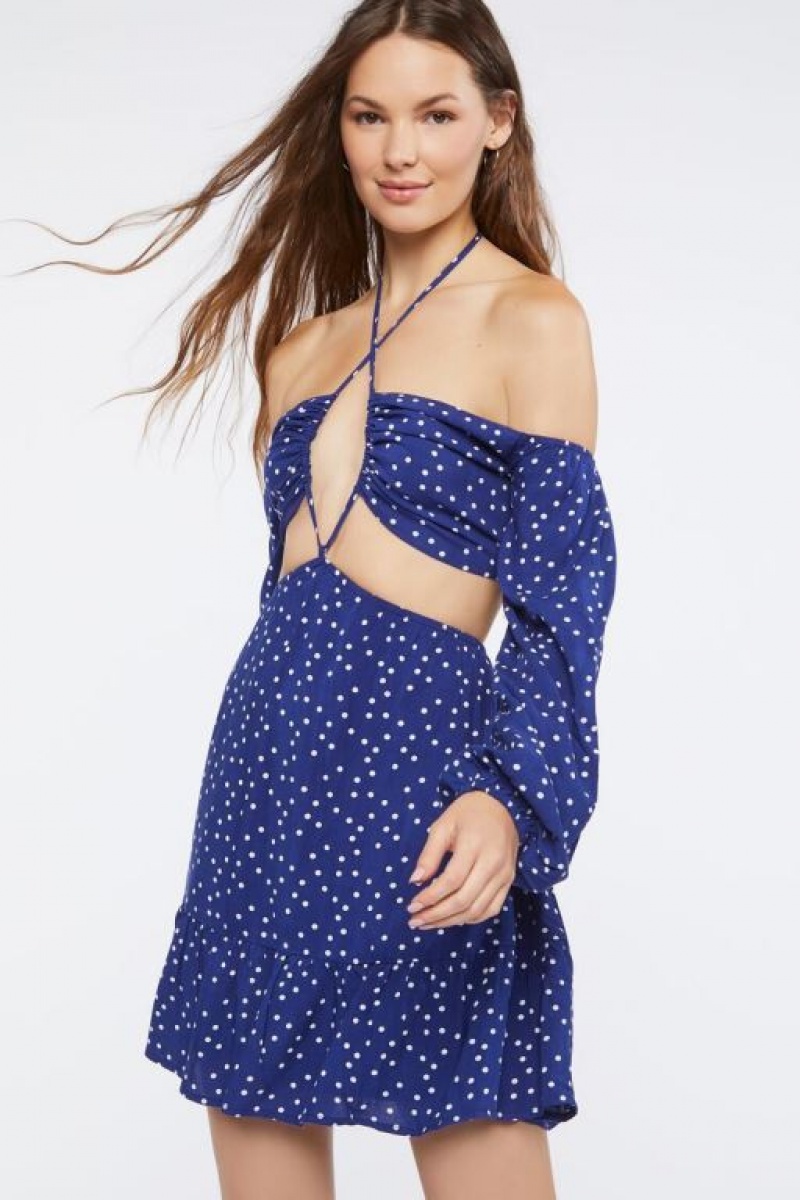 Vestido Forever 21 Polka Dot Cutout Mini Mujer Azul Marino Blancas | HQF0CTOdPcg