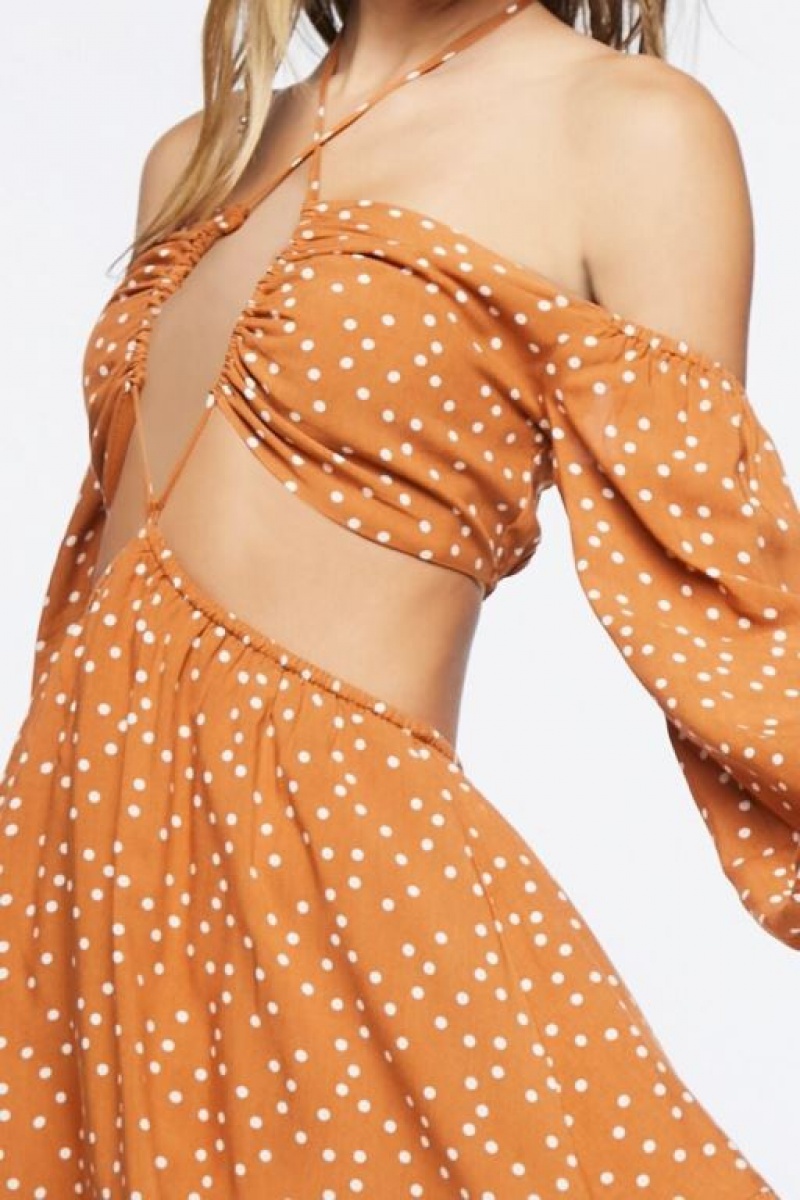 Vestido Forever 21 Polka Dot Cutout Mini Mujer Marrones Blancas | UJ3Rg0ZX8Fa