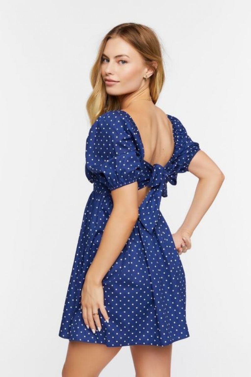 Vestido Forever 21 Polka Dot Puff Sleeve Mini Mujer Azul Marino Multicolor | w9trnjC5Qg1