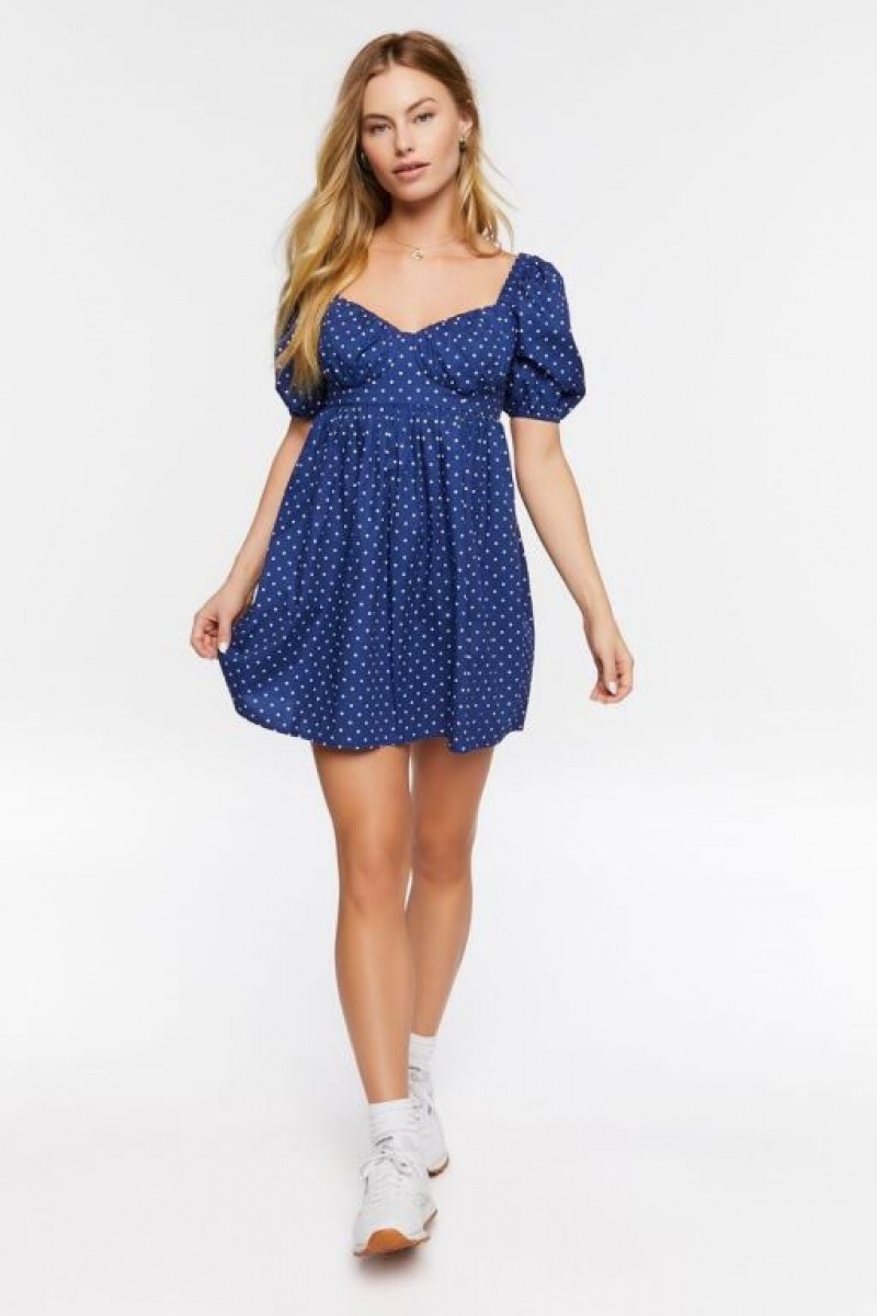 Vestido Forever 21 Polka Dot Puff Sleeve Mini Mujer Azul Marino Multicolor | w9trnjC5Qg1