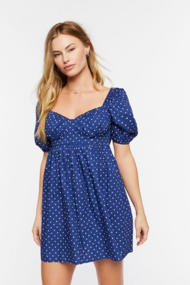 Vestido Forever 21 Polka Dot Puff Sleeve Mini Mujer Azul Marino Multicolor | w9trnjC5Qg1