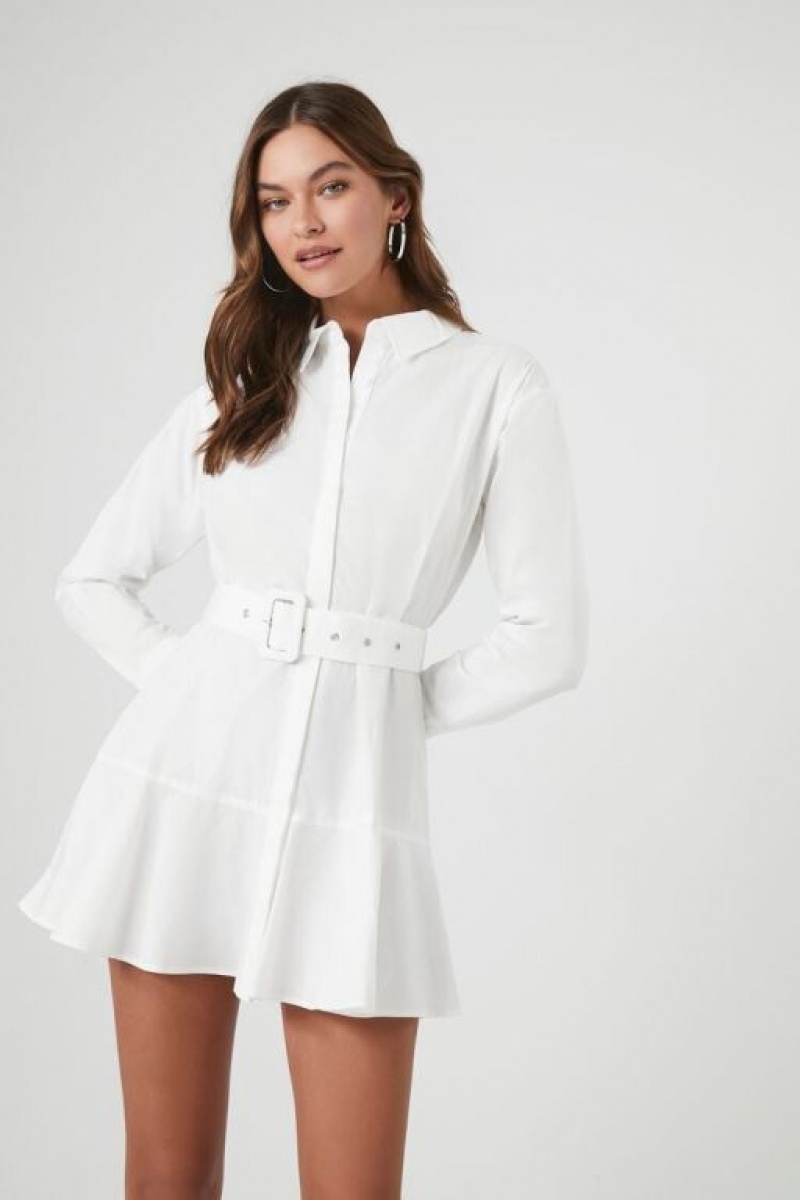 Vestido Forever 21 Poplin Belted Mini Mujer Blancas | euJcYxeWk0M