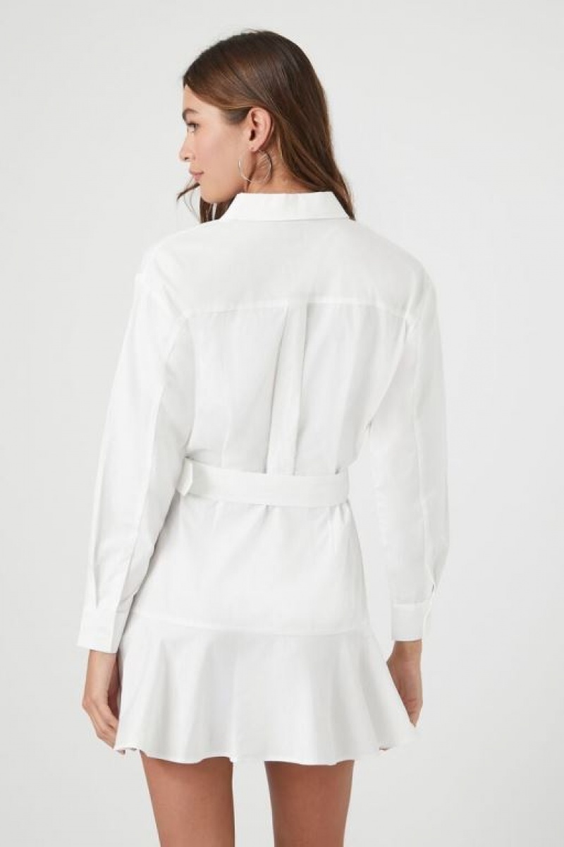 Vestido Forever 21 Poplin Belted Mini Mujer Blancas | euJcYxeWk0M