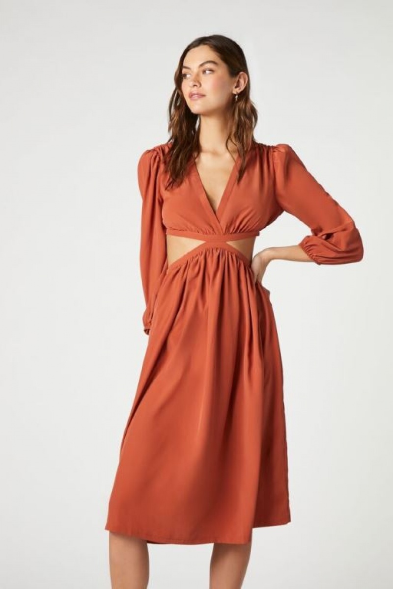 Vestido Forever 21 Poplin Cutout Midi Mujer Clay | 5iehHCRJ92B