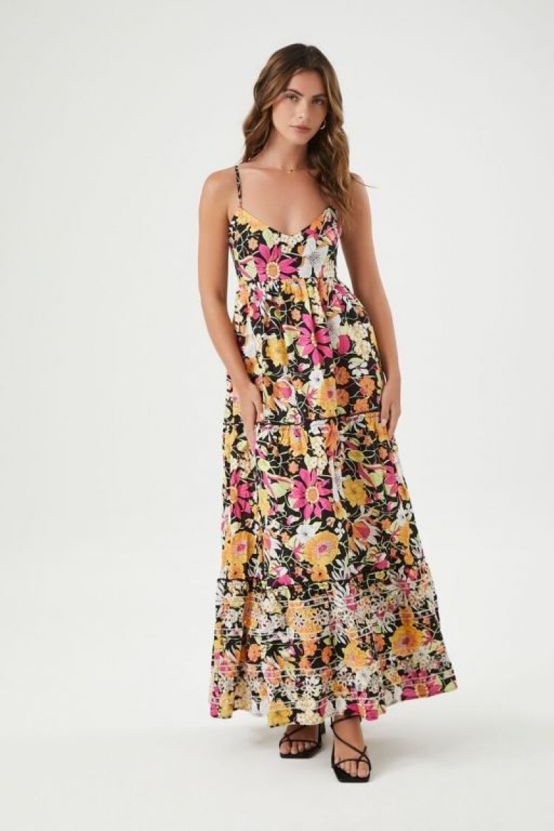 Vestido Forever 21 Poplin Floral Print Maxi Mujer Negras Multicolor | YTcijaTBsp6