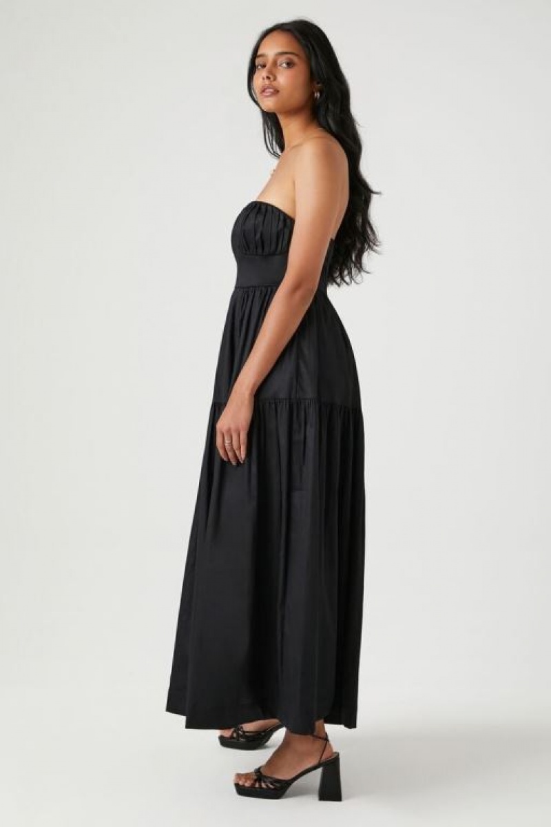 Vestido Forever 21 Poplin Pintucked Strapless Midi Mujer Negras | 3FKVZVPQepE