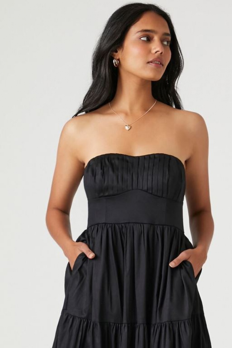 Vestido Forever 21 Poplin Pintucked Strapless Midi Mujer Negras | 3FKVZVPQepE