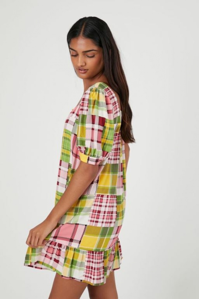 Vestido Forever 21 Poplin Plaid Ruffle Mini Mujer Moradas Multicolor | Dv94yjfTdS3