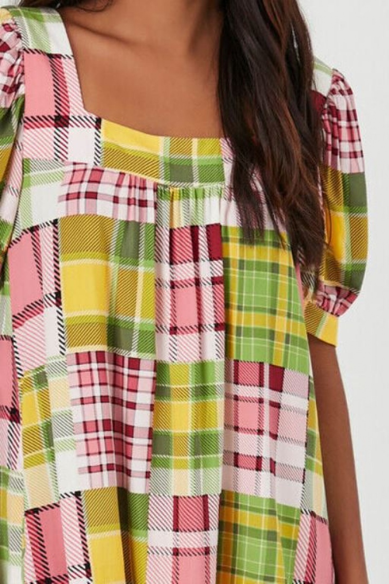 Vestido Forever 21 Poplin Plaid Ruffle Mini Mujer Moradas Multicolor | Dv94yjfTdS3