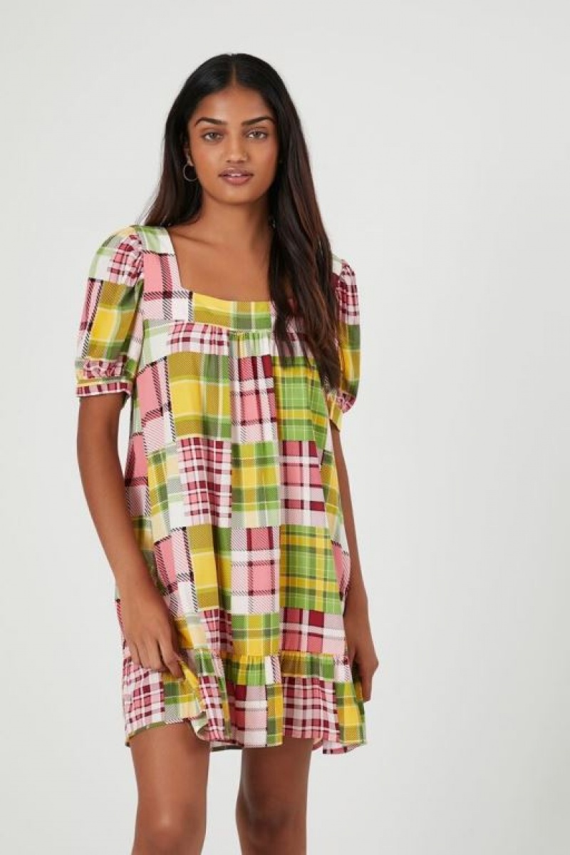 Vestido Forever 21 Poplin Plaid Ruffle Mini Mujer Moradas Multicolor | Dv94yjfTdS3