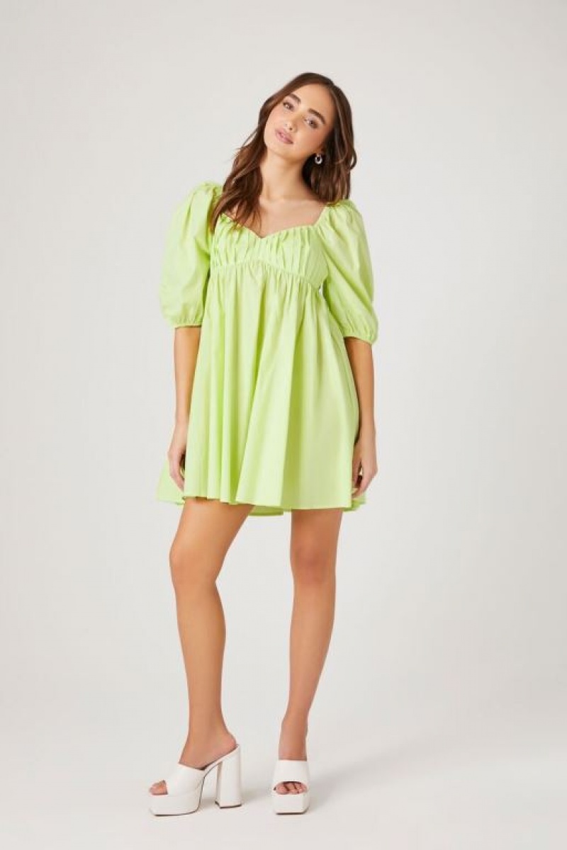 Vestido Forever 21 Poplin Puff Sleeve Babydoll Mujer Verde Claro | bl0HriLFMPm