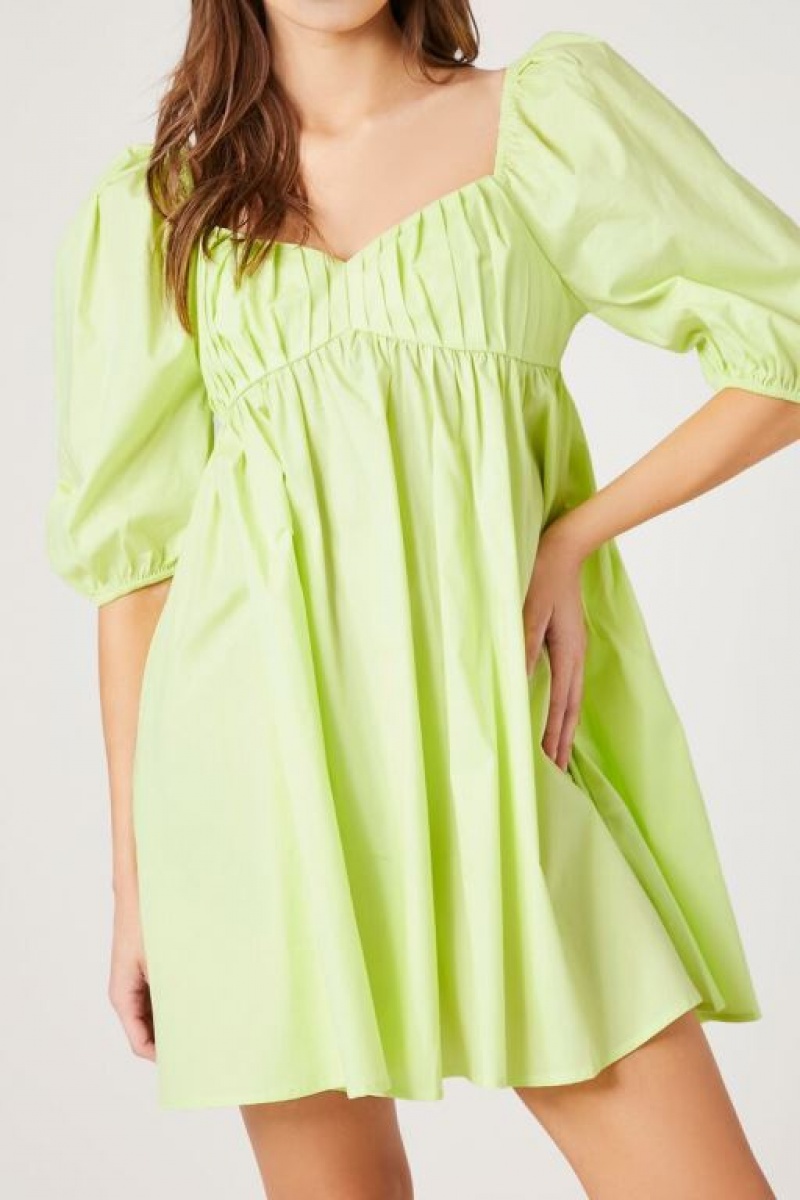 Vestido Forever 21 Poplin Puff Sleeve Babydoll Mujer Verde Claro | bl0HriLFMPm