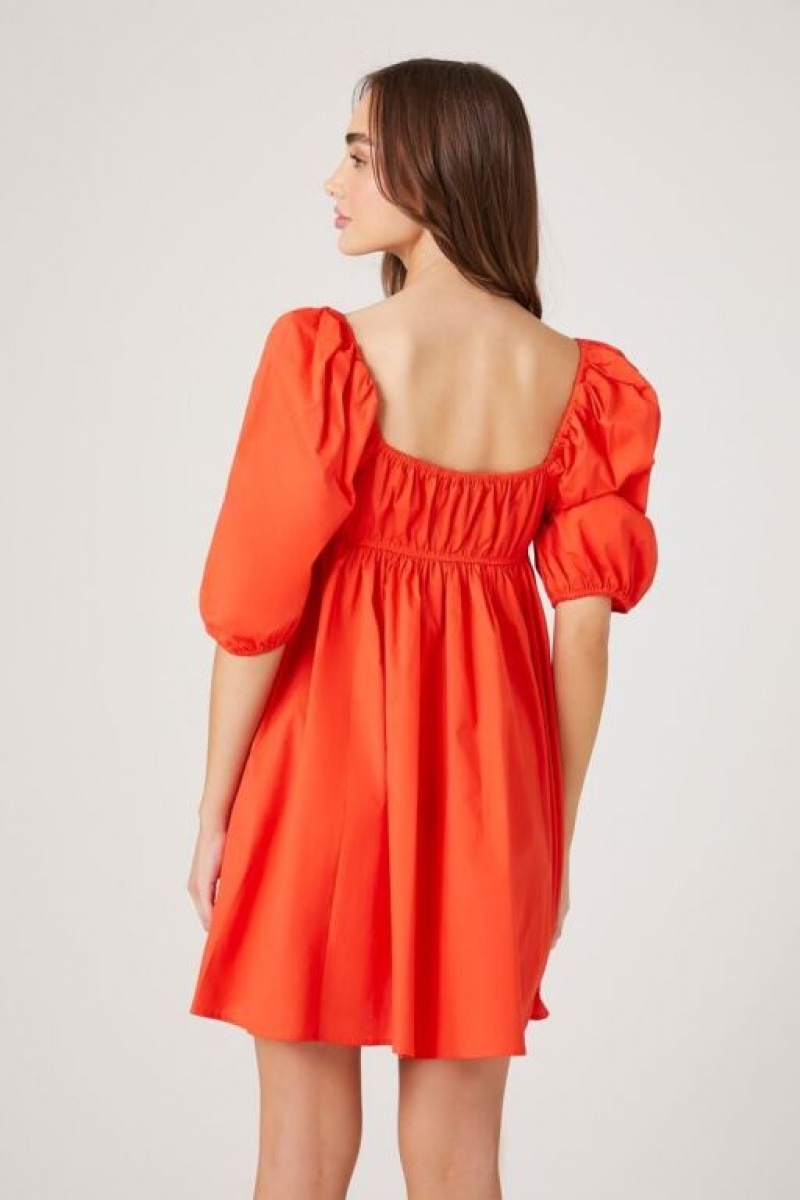 Vestido Forever 21 Poplin Puff Sleeve Babydoll Mujer Cayenne | OLo3Wmn4i1F