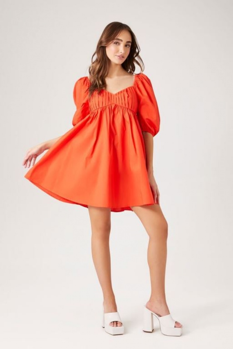 Vestido Forever 21 Poplin Puff Sleeve Babydoll Mujer Cayenne | OLo3Wmn4i1F