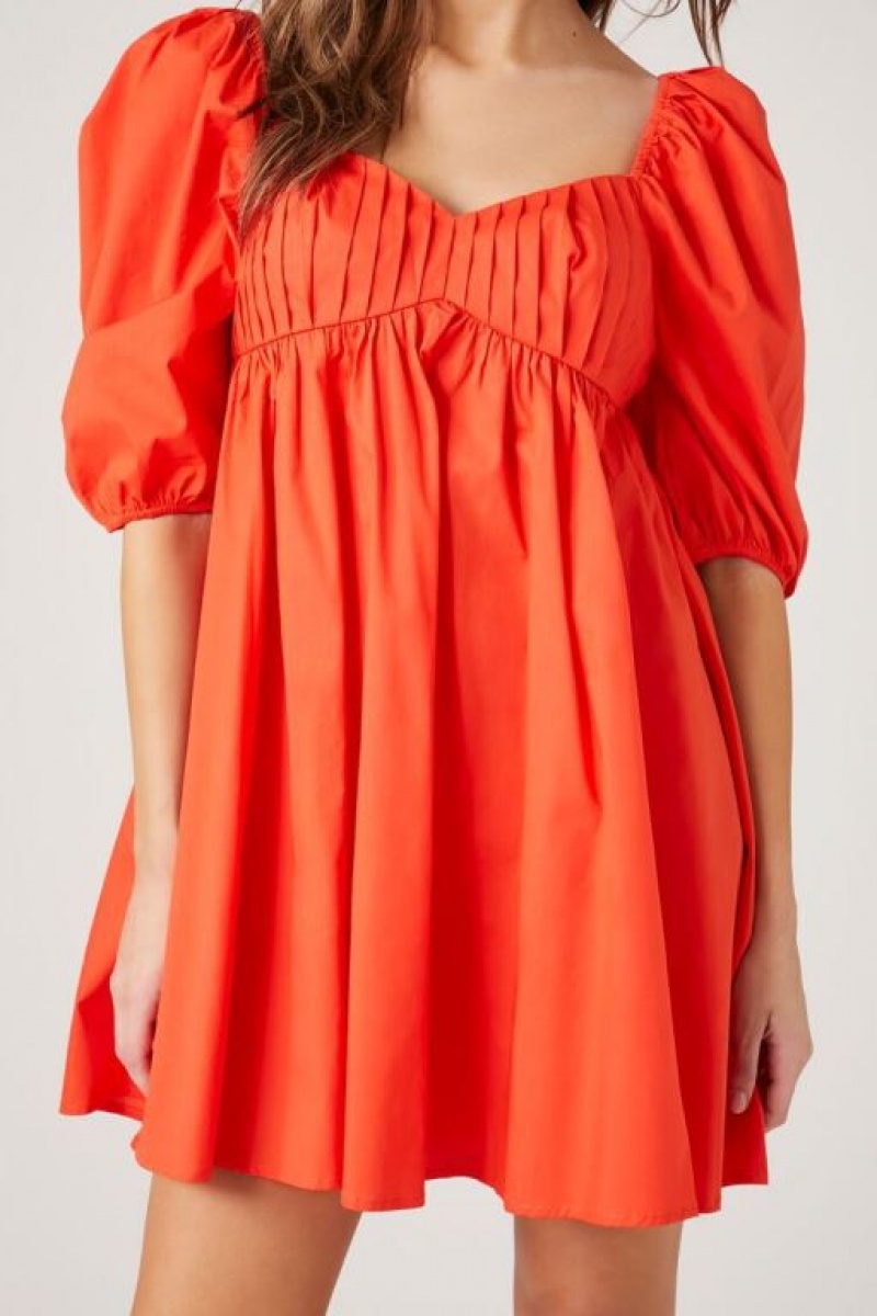 Vestido Forever 21 Poplin Puff Sleeve Babydoll Mujer Cayenne | OLo3Wmn4i1F