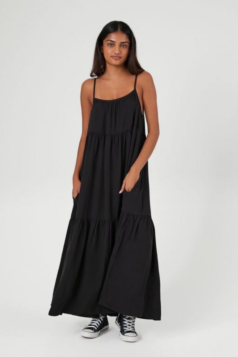 Vestido Forever 21 Poplin Tiered Midi Mujer Negras | 9LYX2Hz4DwF