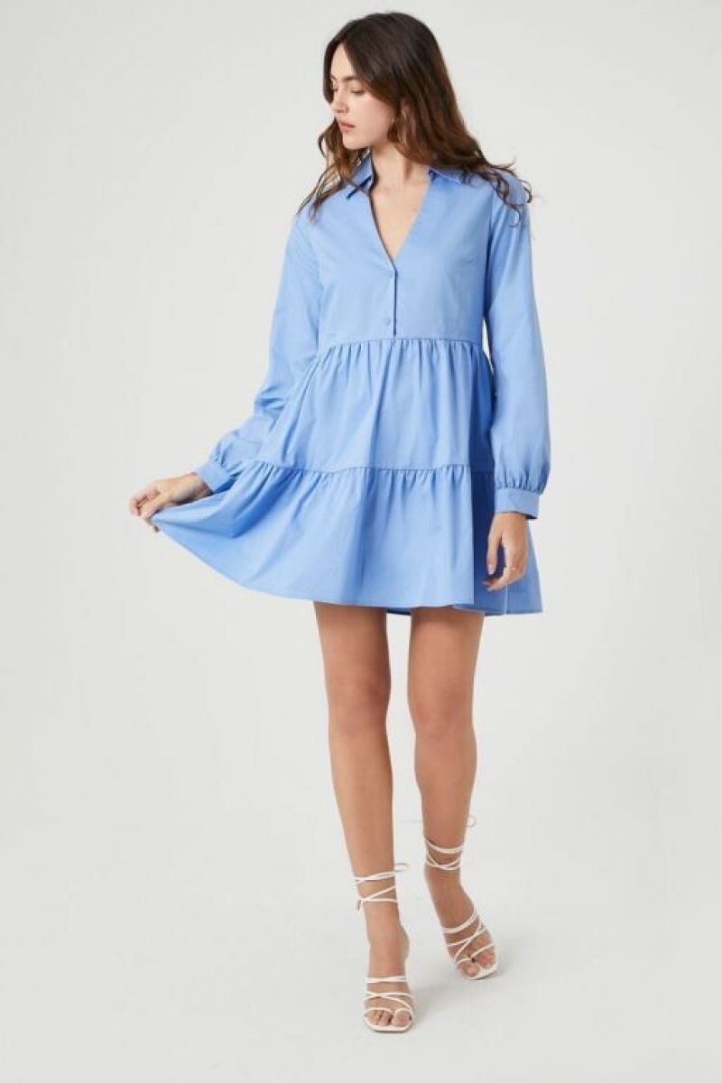 Vestido Forever 21 Poplin Tiered Mini Mujer Azules | fgymAxiNEtP