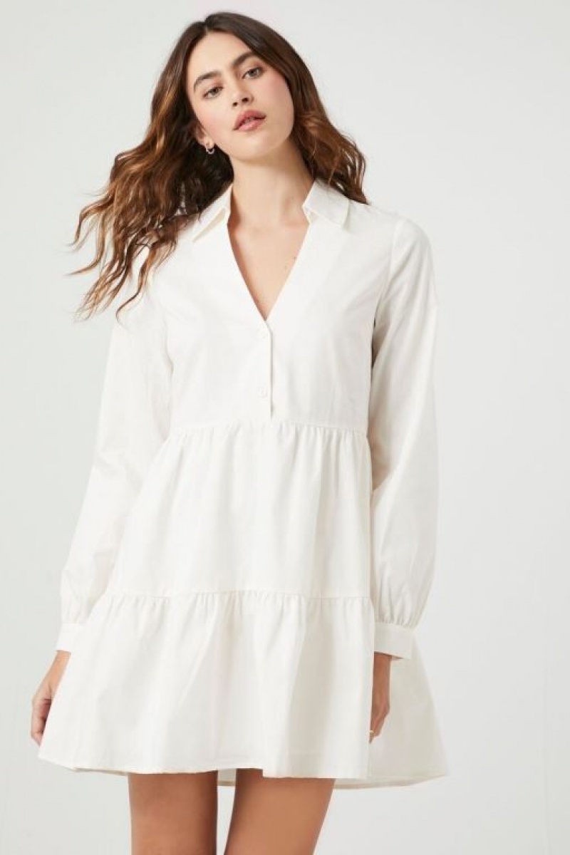 Vestido Forever 21 Poplin Tiered Mini Mujer Blancas | Jy69m6XlAY4