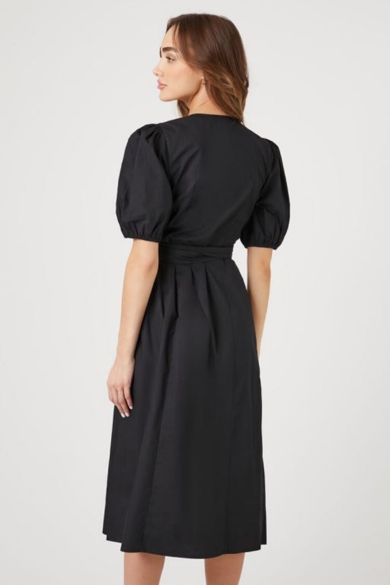 Vestido Forever 21 Poplin Wrap Midi Mujer Negras | Ljvph8UDllk