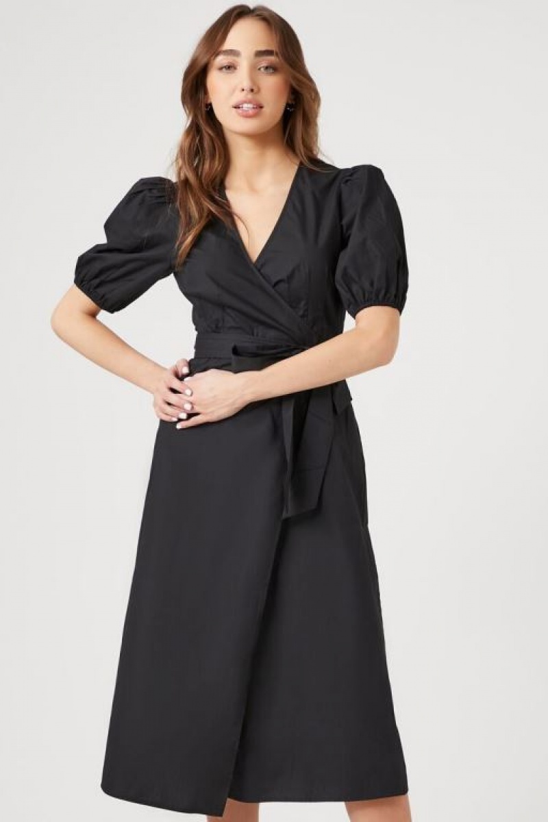 Vestido Forever 21 Poplin Wrap Midi Mujer Negras | Ljvph8UDllk