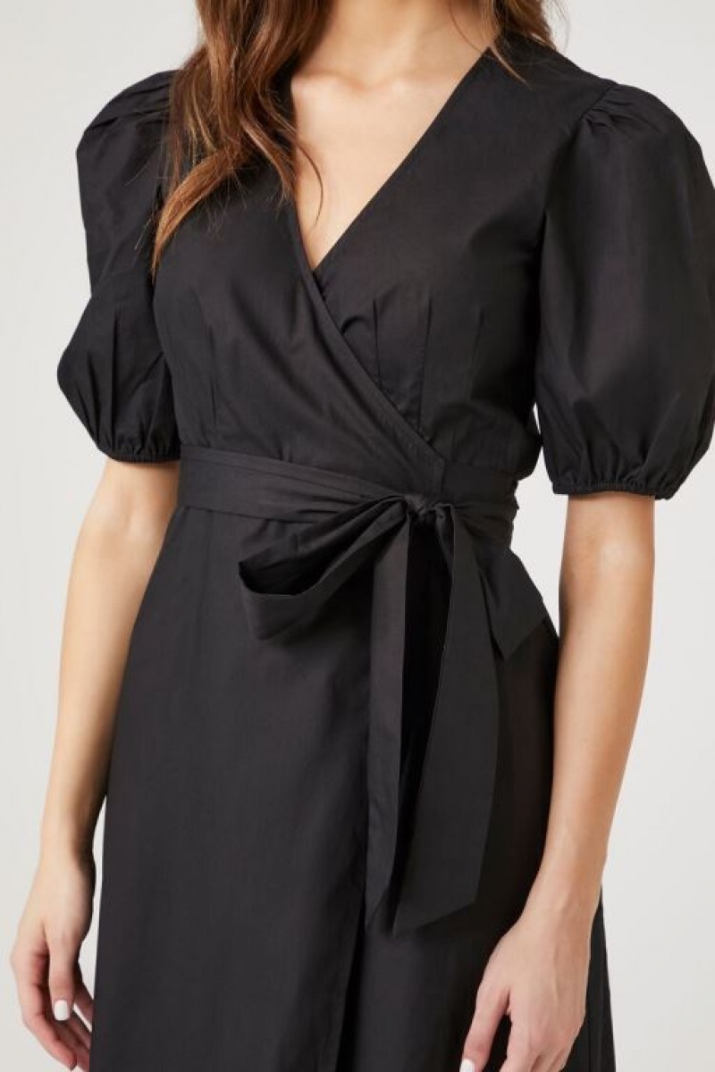 Vestido Forever 21 Poplin Wrap Midi Mujer Negras | Ljvph8UDllk