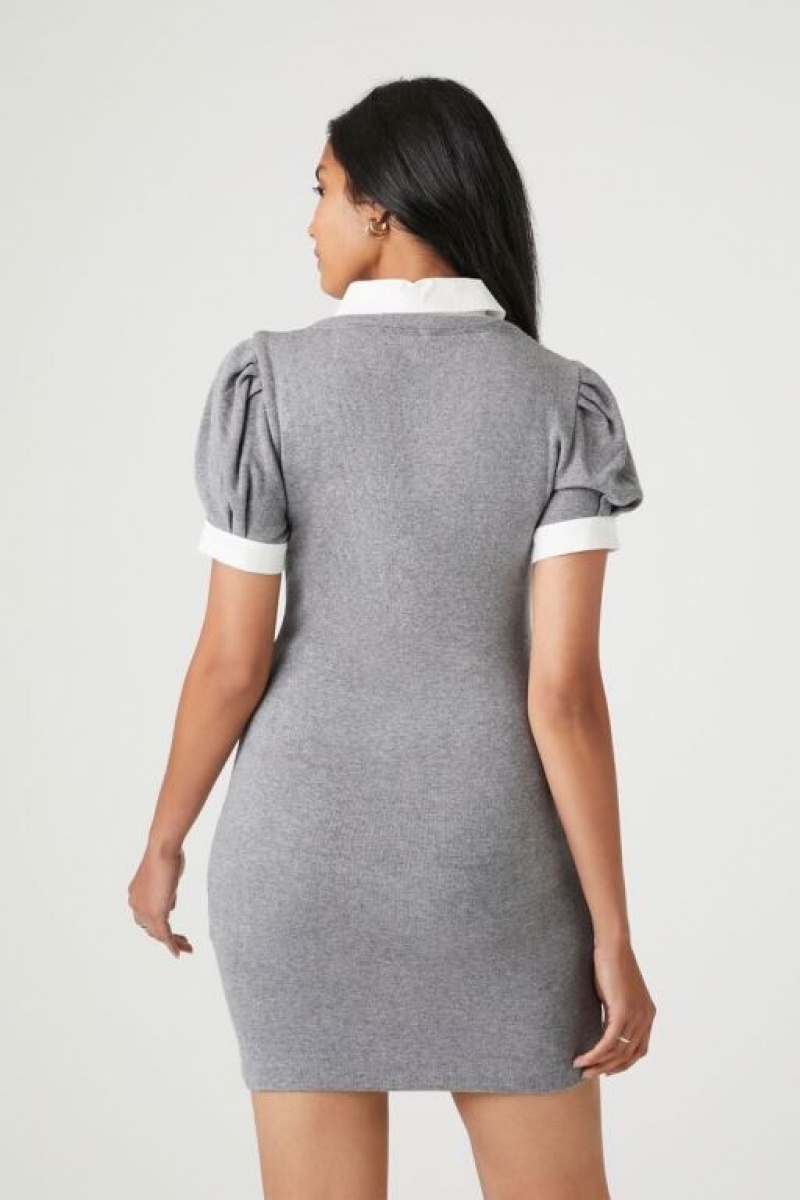 Vestido Forever 21 Puff Sleeve Combo Mini Mujer Gris Blancas | QitvNmGRY2V