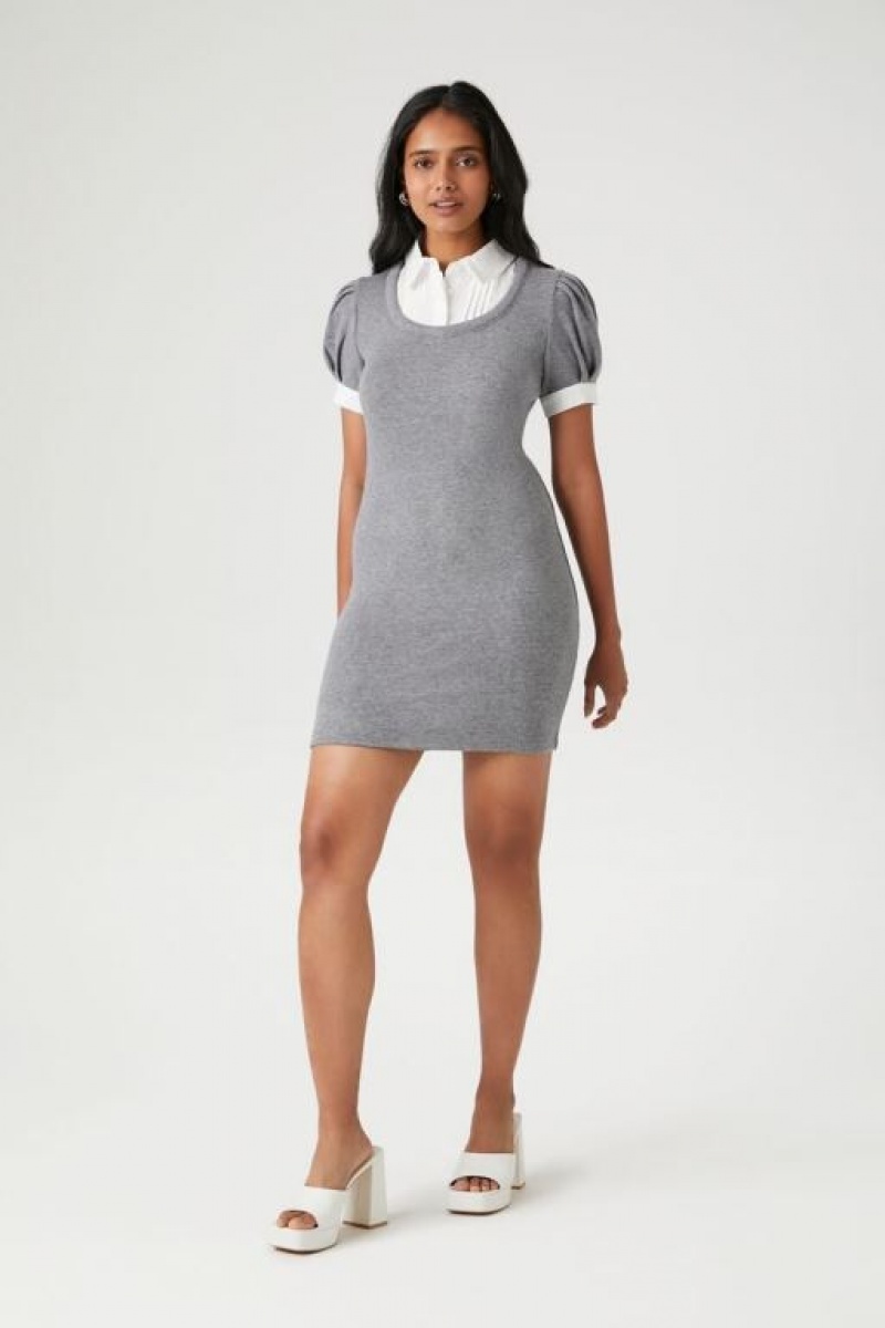 Vestido Forever 21 Puff Sleeve Combo Mini Mujer Gris Blancas | QitvNmGRY2V