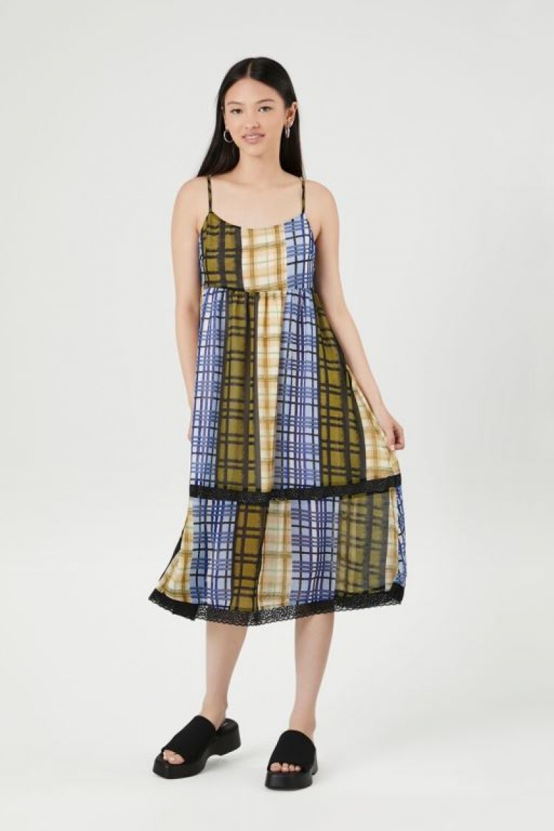 Vestido Forever 21 Reworked Plaid Midi Mujer Azules Multicolor | eT3om7iU06O