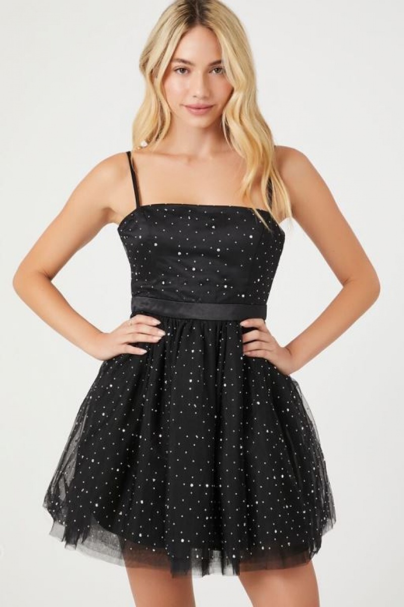 Vestido Forever 21 Rhinestone Tulle Mesh Mini Mujer Negras | TCcZJByW3nC