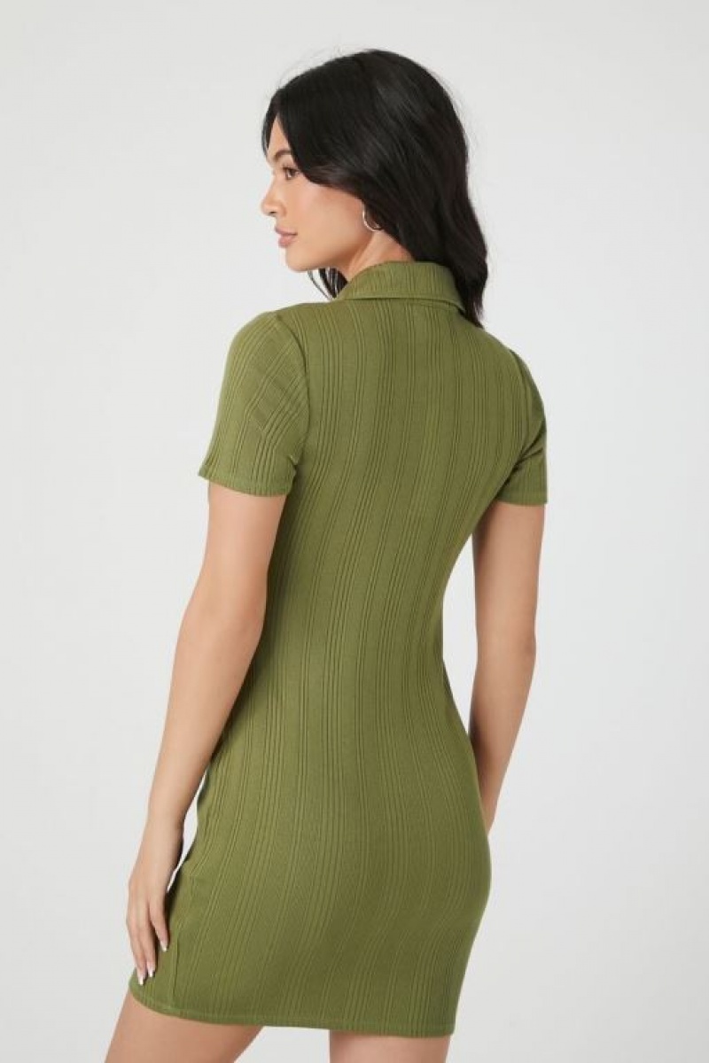 Vestido Forever 21 Rib Knit Collared Mini Mujer Verde Oliva | zhRt6qsCASs