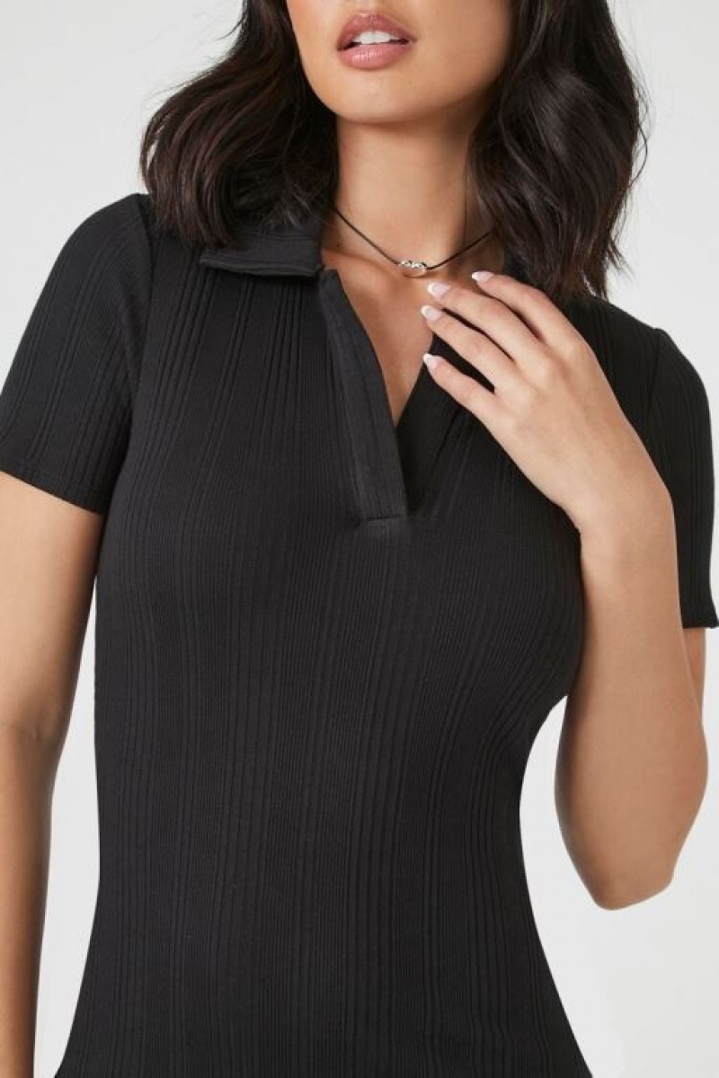 Vestido Forever 21 Rib Knit Collared Mini Mujer Negras | tCH65YhBRUR