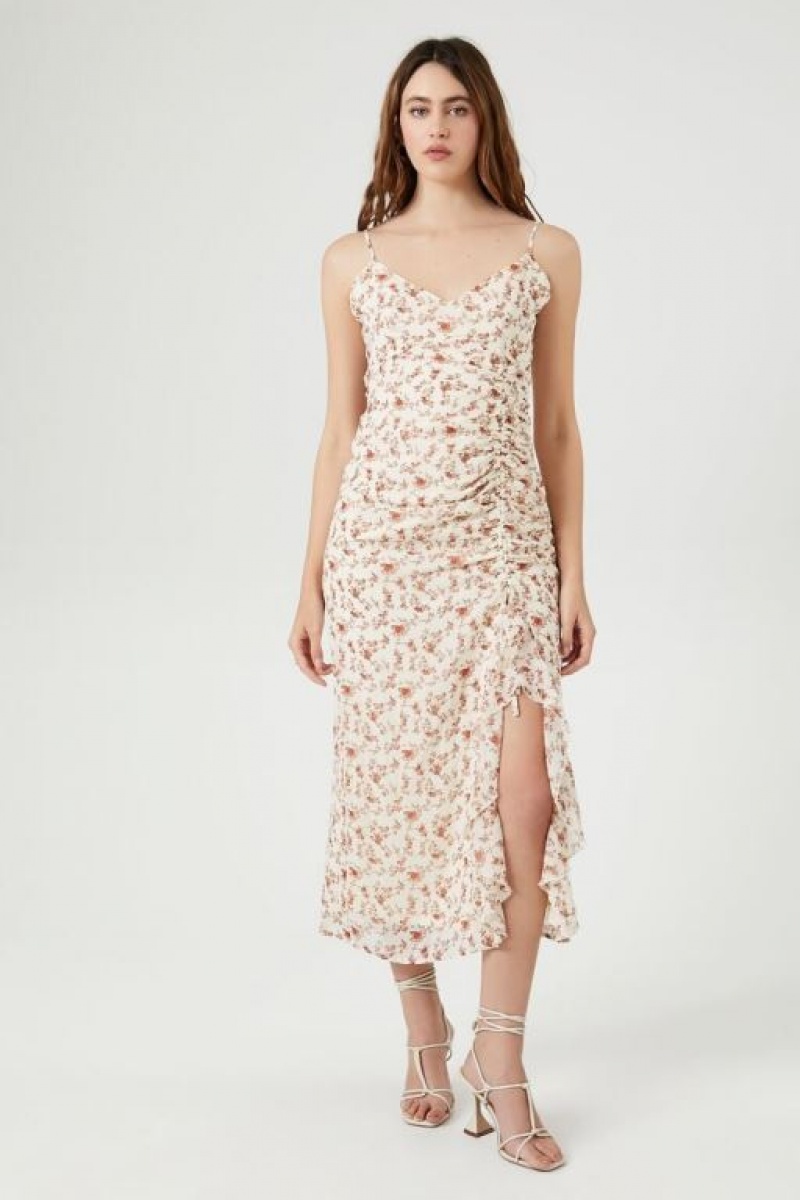 Vestido Forever 21 Ruched Floral Print Midi Mujer Creme Multicolor | OfHymbcK0jB