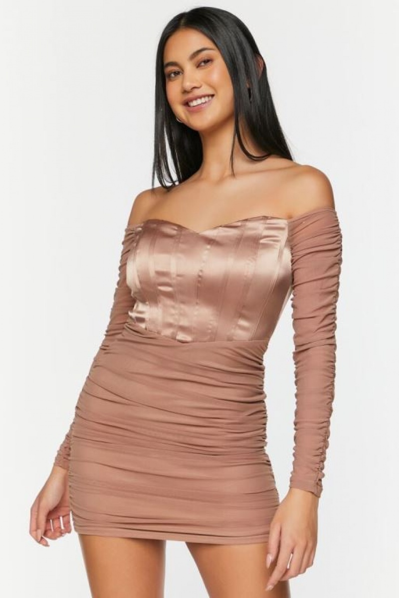 Vestido Forever 21 Ruched Mesh Off The Shoulder Mini Mujer Cappuccino | CMJL54IAIjy