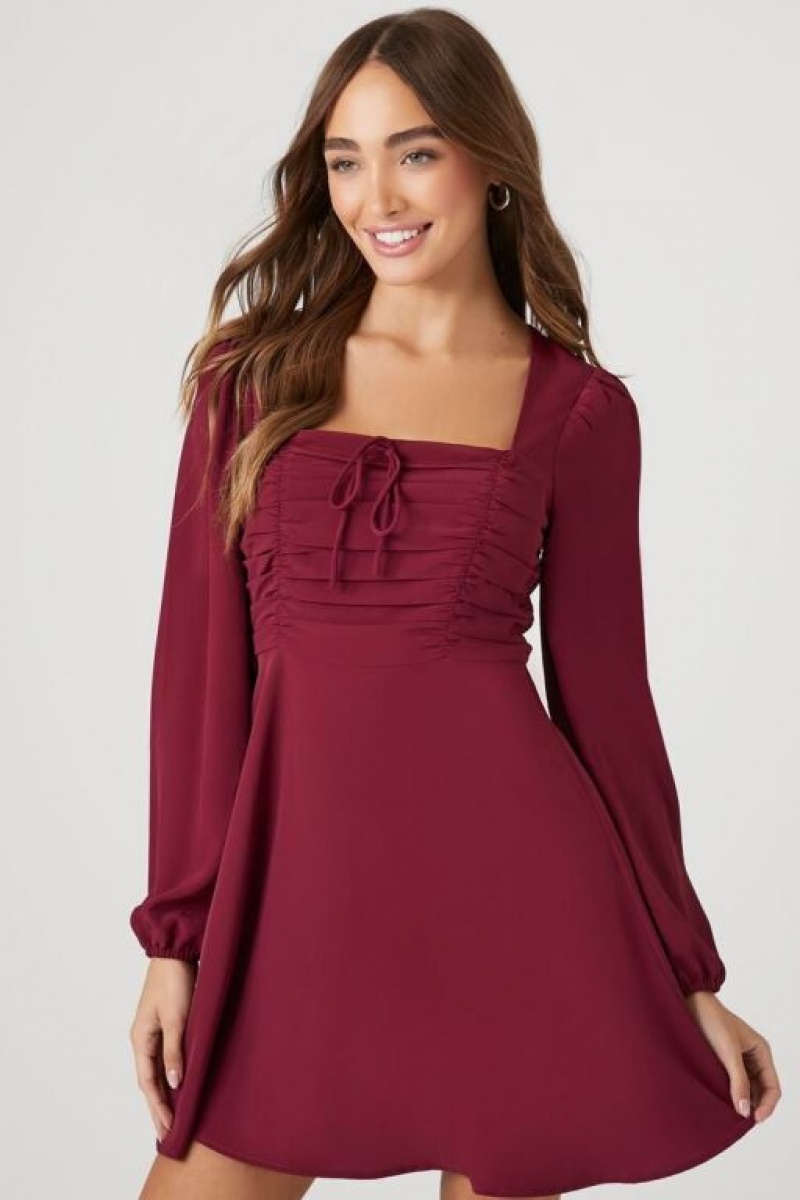 Vestido Forever 21 Ruched Peasant Sleeve Mini Mujer Burdeos | 3BriOwqo2tz