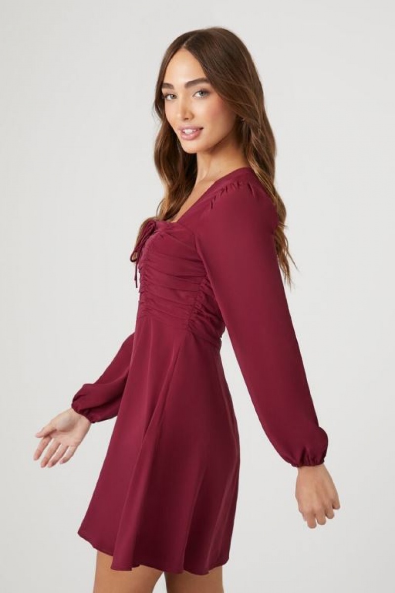 Vestido Forever 21 Ruched Peasant Sleeve Mini Mujer Burdeos | 3BriOwqo2tz