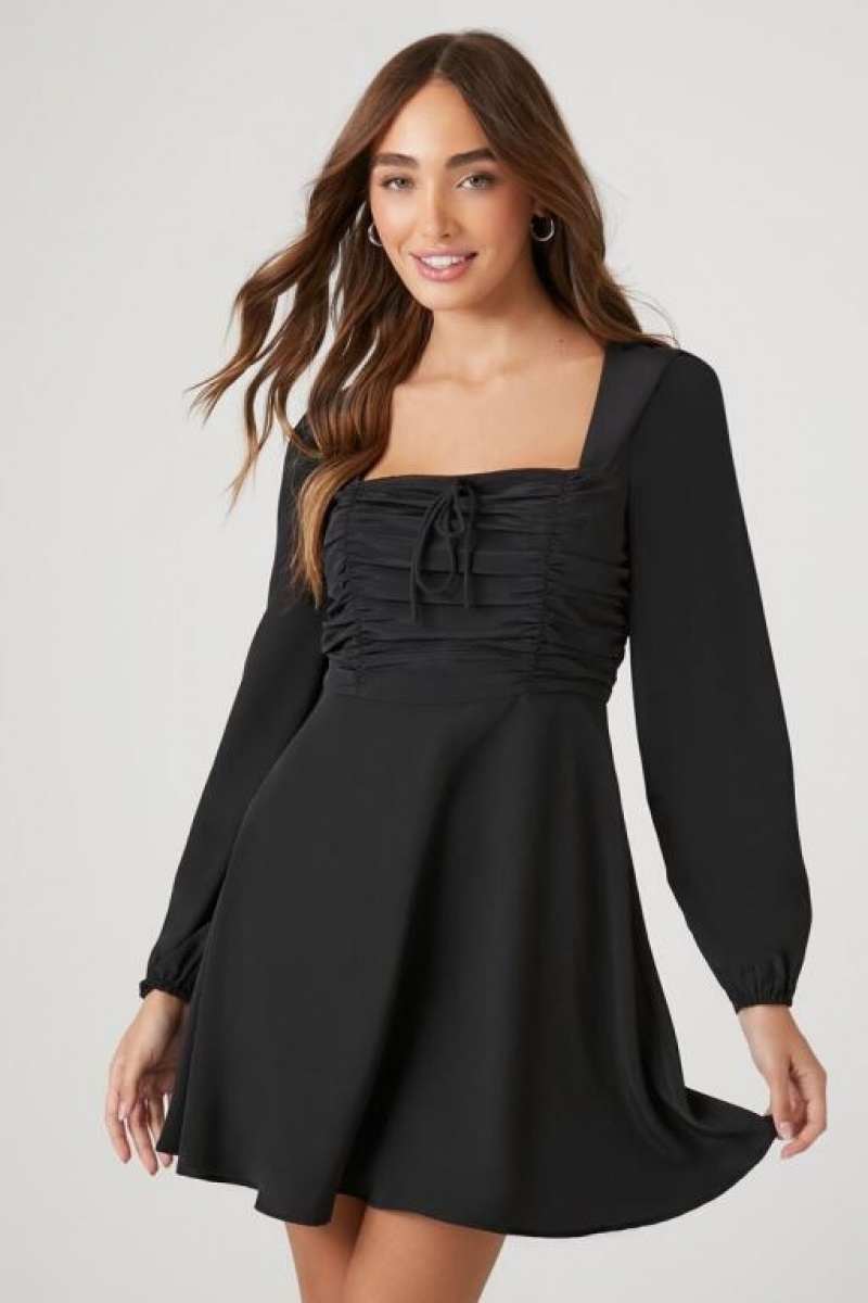 Vestido Forever 21 Ruched Peasant Sleeve Mini Mujer Negras | a33uEGcTZFt