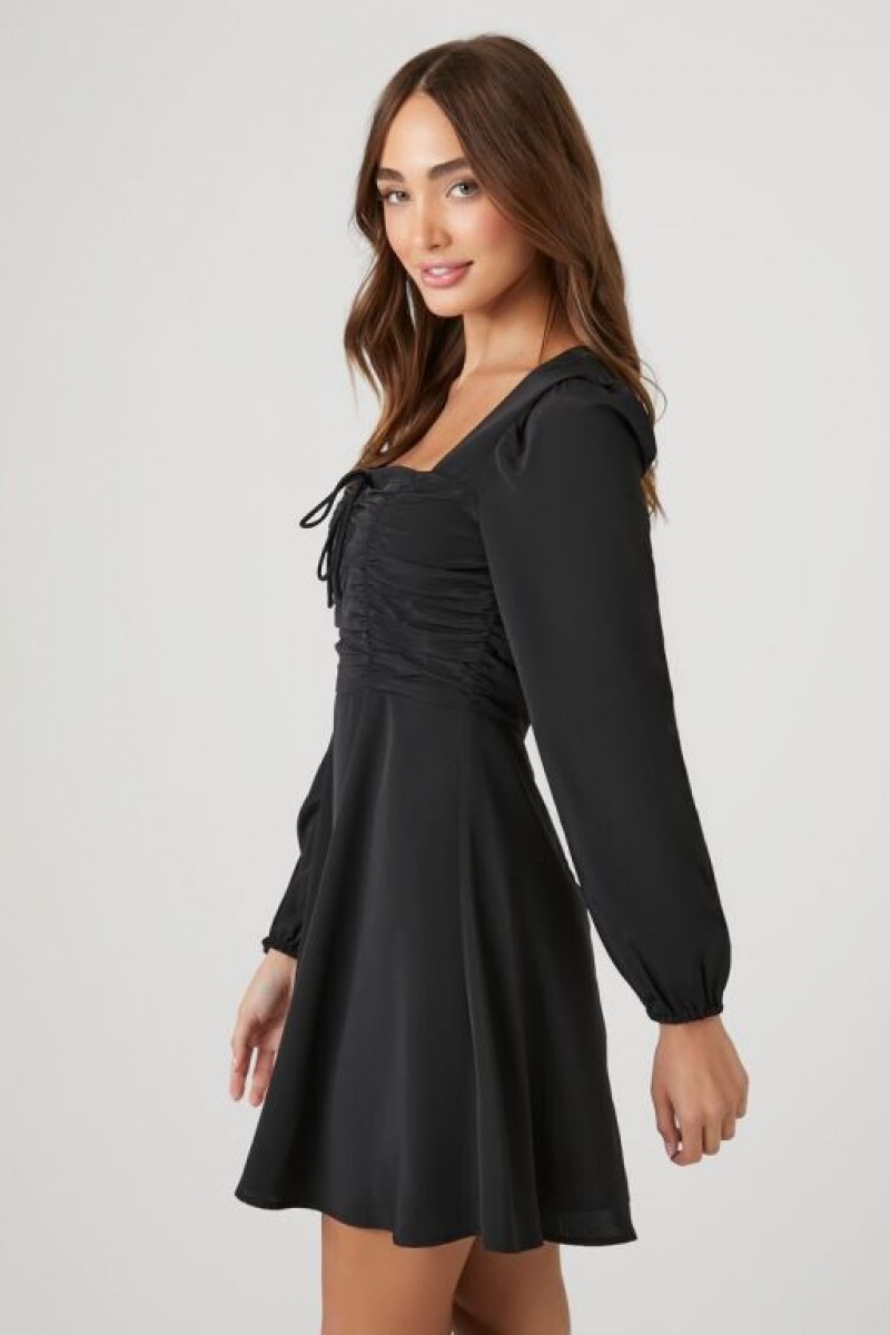 Vestido Forever 21 Ruched Peasant Sleeve Mini Mujer Negras | a33uEGcTZFt