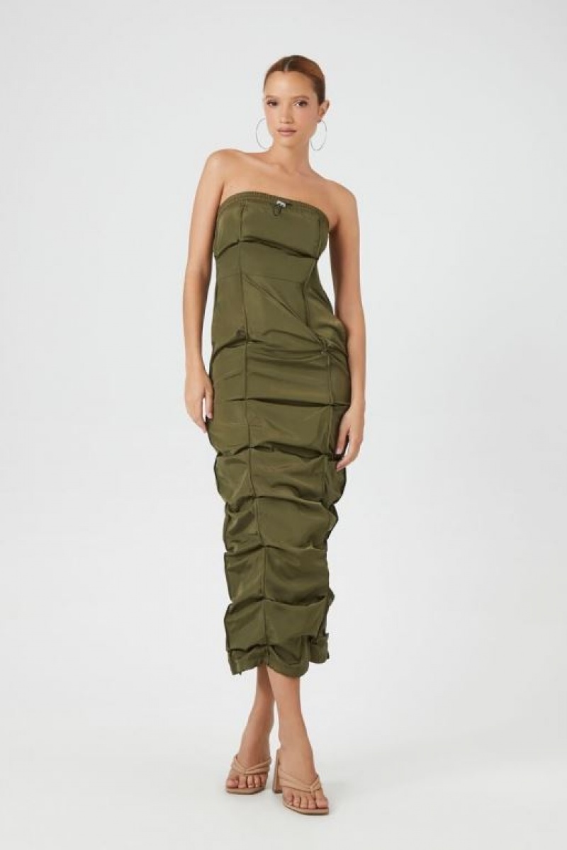 Vestido Forever 21 Ruched Toggle Tube Maxi Mujer Verde Oliva | A5pmTUYjceh